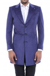 Sivri Yaka Diz Üstü Mavi Erkek Palto - 5