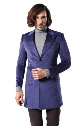 Sivri Yaka Diz Üstü Mavi Erkek Palto - 8