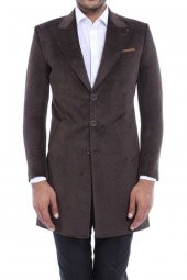 Sivri Yaka Diz Üstü Kahverengi Erkek Palto - 6