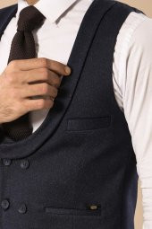 Desenli Kruvaze Koyu Lacivert Erkek Yelek Pantolon Set - 3