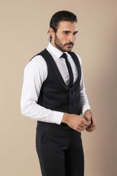 Desenli Kruvaze Lacivert Erkek Pantolon Yelek Set - 1