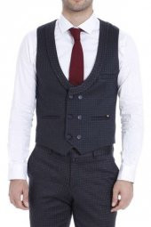 Desenli Kruvaze Lacivert Erkek Pantolon Yelek Set - 3