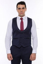 Desenli Kruvaze Koyu Lacivert Erkek Yelek Pantolon Set - 4