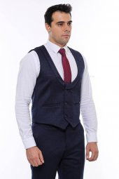Desenli Kruvaze Koyu Lacivert Erkek Yelek Pantolon Set - 5