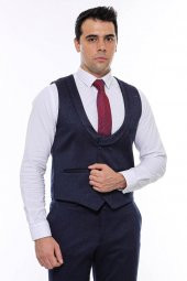 Desenli Kruvaze Koyu Lacivert Erkek Yelek Pantolon Set - 6