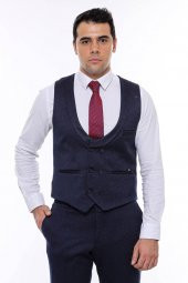 Desenli Kruvaze Koyu Lacivert Erkek Yelek Pantolon Set - 8