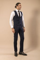 Desenli Kruvaze Koyu Lacivert Erkek Yelek Pantolon Set - 9