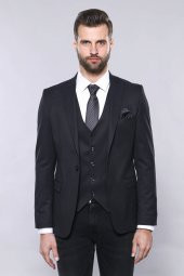 Düz Koyu Lacivert Slim Fit Ceket Yelek Set  Wessi - 5