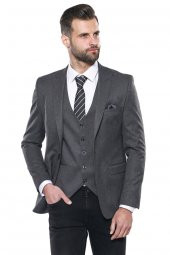 Düz Gri Slim Fit Yelek Ceket Set  Wessi - 1