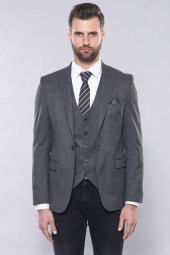 Düz Gri Slim Fit Yelek Ceket Set  Wessi - 3