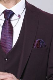 Düz Bordo Slim Fit Yelek Ceket Set  Wessi - 2