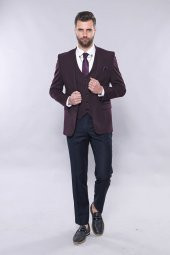Düz Bordo Slim Fit Yelek Ceket Set  Wessi - 4