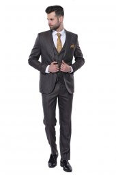 Çizgili Slim Fit Kahverengi Yelekli Takım Elbise  Wessi - 2