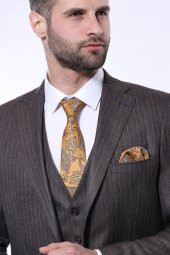 Çizgili Slim Fit Kahverengi Yelekli Takım Elbise  Wessi - 1