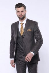Çizgili Slim Fit Kahverengi Yelekli Takım Elbise  Wessi - 3