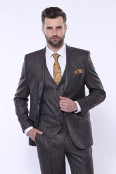 Çizgili Slim Fit Kahverengi Yelekli Takım Elbise  Wessi - 4