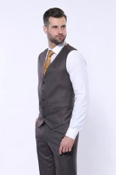 Çizgili Slim Fit Kahverengi Yelekli Takım Elbise  Wessi - 6