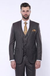 Çizgili Slim Fit Kahverengi Yelekli Takım Elbise  Wessi - 7