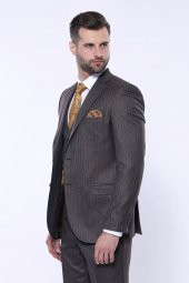 Çizgili Slim Fit Kahverengi Yelekli Takım Elbise  Wessi - 8