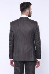 Çizgili Slim Fit Kahverengi Yelekli Takım Elbise  Wessi - 9