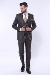 Çizgili Slim Fit Kahverengi Yelekli Takım Elbise  Wessi - 10
