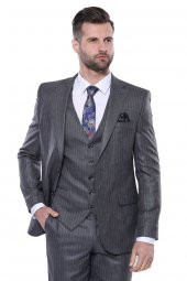 Çizgili Slim Fit Gri Yelekli Takım Elbise  Wessi - 1