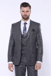 Çizgili Slim Fit Gri Yelekli Takım Elbise  Wessi - 4