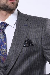 Çizgili Slim Fit Gri Yelekli Takım Elbise  Wessi - 5