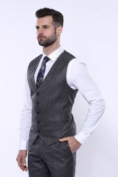 Çizgili Slim Fit Gri Yelekli Takım Elbise  Wessi - 6