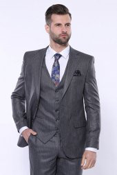 Çizgili Slim Fit Gri Yelekli Takım Elbise  Wessi - 8