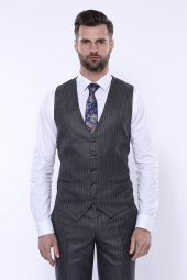 Çizgili Slim Fit Gri Yelekli Takım Elbise  Wessi - 7