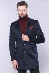 Erkek Lacivert Sivri Yaka Kaşe Kumaş Diz Üstü Kısa Palto - 1