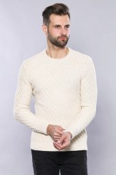 Desenli Bisiklet Yaka Bej Triko - 1