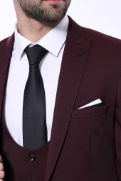 Kendinden Desenli Sivri Yaka Bordo Yelekli Takım Elbise  Wessi - 3