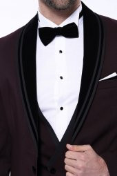 Desenli Bordo Velvet Çıkma Yaka Takım Elbise  Wessi - 2