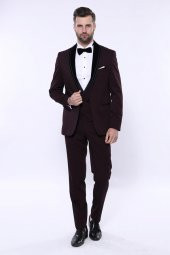 Desenli Bordo Velvet Çıkma Yaka Takım Elbise  Wessi - 3