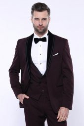 Desenli Bordo Velvet Çıkma Yaka Takım Elbise  Wessi - 1