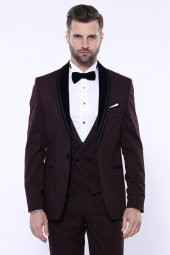 Desenli Bordo Velvet Çıkma Yaka Takım Elbise  Wessi - 6
