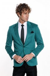 Pamuk Slim Fit Desensiz Yeşil Erkek Ceket - 4
