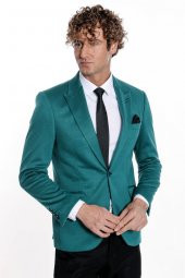 Pamuk Slim Fit Desensiz Yeşil Erkek Ceket - 5