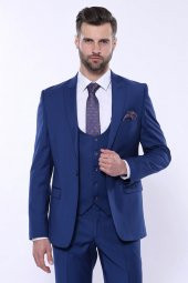 Düz Lacivert Sivri Yaka Slim Fit Yelekli Takım Elbise  Wessi - 2