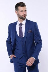 Düz Lacivert Sivri Yaka Slim Fit Yelekli Takım Elbise  Wessi - 3