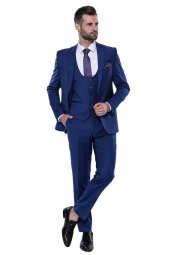 Düz Lacivert Sivri Yaka Slim Fit Yelekli Takım Elbise  Wessi - 4