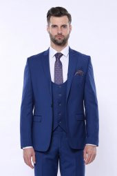 Düz Lacivert Sivri Yaka Slim Fit Yelekli Takım Elbise  Wessi - 5