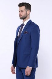 Düz Lacivert Sivri Yaka Slim Fit Yelekli Takım Elbise  Wessi - 6