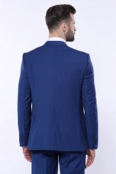 Düz Lacivert Sivri Yaka Slim Fit Yelekli Takım Elbise  Wessi - 7
