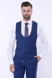 Düz Lacivert Sivri Yaka Slim Fit Yelekli Takım Elbise  Wessi - 8