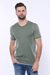 Bisiklet Yaka Kenarları Desenli Yeşil Örme T-shirt  Wessi - 1