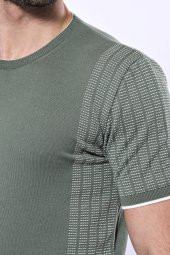 Bisiklet Yaka Kenarları Desenli Yeşil Örme T-shirt  Wessi - 2