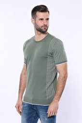 Bisiklet Yaka Kenarları Desenli Yeşil Örme T-shirt  Wessi - 3